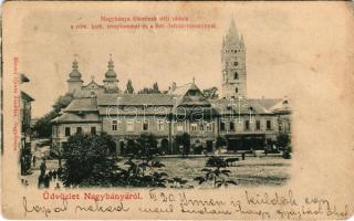 Nagybánya, Baia Mare; Fő tér déli oldala, Klein Lipót, Fuchs Fábián, Blau és Klein, Wienerberger és Glavitzky, Hnazulovics K. és Purjes üzlete, gyógyszertár. Kovács Gyula kiadása / main square, shops, pharmacy (Rb)