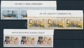 1995 A magyar hajózás története II. sor hármascsíkokban, ívszéli felirattal + Almásy László hármascsík ívszéli felirattal (8.100)