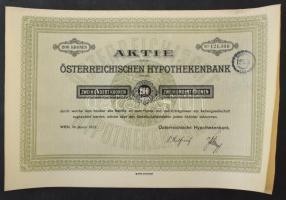 Ausztria / Bécs 1922. "Osztrák Jelzálogbank" részvénye 200K-ról német nyelven szelvényekkel, felülbélyegzéssel T:XF Austria / Vienna 1922. "Österreichischen Hypothekenbank" share about 200 Corona with coupons and stamp C:XF