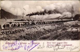 1901 Orsova, Hajózási csatorna a Vaskapunál, Vaskapu-szoros megnyitó hajózása. Ferenc József, Károly román és Sándor szerb király felavató hajóútja az új csatornán. Hutterer G. kiadása / Kanal beim Eisernen Tor, Eröffnungsfahrt / Portile de Fier / gorge, canal opening ceremony with Franz Joseph I of Austria, Carol I of Romania and Alexander I of Serbia, steamship (fl)