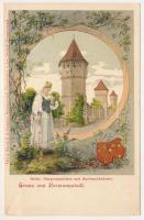 Nagyszeben, Hermannstadt, Sibiu; Sächs. Bürgermädchen und Hartenecktürme. G.A. Seraphin, Jos. Drotleff / Harteneck tornyok. Szecessziós címeres keret hölggyel / towers. Art Nouveau, floral (gyűrődés / crease)