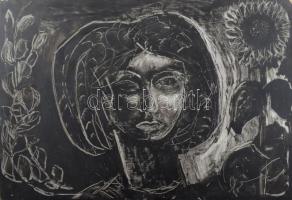 Feledy Gyula (1928-2010): Napraforgós lány. Olaj, tus, karton. Jelzett hátul 50x36 cm