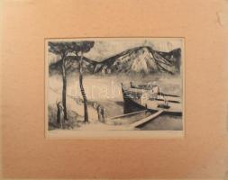 Bencze László (1907-1992): Bárkák. Rézkarc, papír, jelzett, paszpartuban 19x29 cm