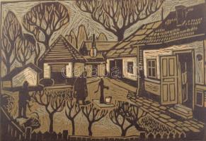 Alexin Andor (1921-2003): Udvaron). Linómetszet, karton, jelzett. Kartonra kasírozva. 28x40 cm