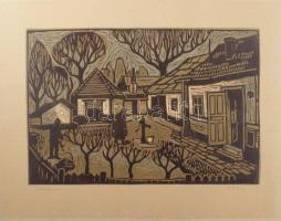 Alexin Andor (1921-2003): Udvaron). Linómetszet, karton, jelzett. Kartonra kasírozva. 28x40 cm