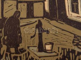 Alexin Andor (1921-2003): Udvaron). Linómetszet, karton, jelzett. Kartonra kasírozva. 28x40 cm