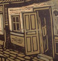 Alexin Andor (1921-2003): Udvaron). Linómetszet, karton, jelzett. Kartonra kasírozva. 28x40 cm