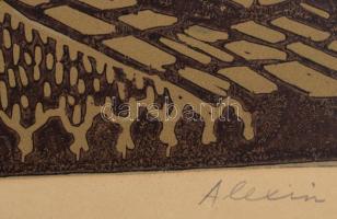 Alexin Andor (1921-2003): Udvaron). Linómetszet, karton, jelzett. Kartonra kasírozva. 28x40 cm