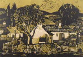 Csavlek András (1942-): Baranyai falu Linómetszet, karton, jelzett. Kartonra kasírozva. 28x40 cm