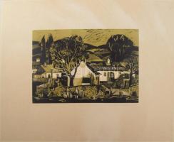 Csavlek András (1942-): Baranyai falu Linómetszet, karton, jelzett. Kartonra kasírozva. 28x40 cm