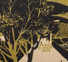 Csavlek András (1942-): Baranyai falu Linómetszet, karton, jelzett. Kartonra kasírozva. 28x40 cm