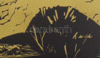 Csavlek András (1942-): Baranyai falu Linómetszet, karton, jelzett. Kartonra kasírozva. 28x40 cm