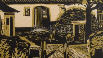 Csavlek András (1942-): Baranyai falu Linómetszet, karton, jelzett. Kartonra kasírozva. 28x40 cm