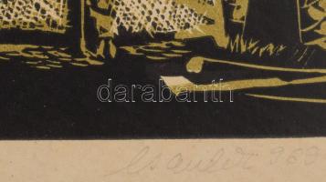 Csavlek András (1942-): Baranyai falu Linómetszet, karton, jelzett. Kartonra kasírozva. 28x40 cm