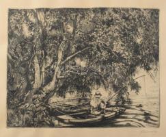 Remsey Jenő (1885-1970): Horgász. Rézkarc, papír, jelzett, 29x39 cm