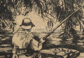 Remsey Jenő (1885-1970): Horgász. Rézkarc, papír, jelzett, 29x39 cm