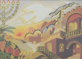 Bracha Brym Lavee (1948): Jerusalem, városrészlet. Aranyszín nyomat. Jelzett. Dekoratív üvegezett keretben 12x17 cm