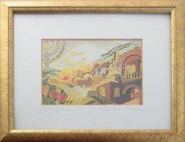 Bracha Brym Lavee (1948): Jerusalem, városrészlet. Aranyszín nyomat. Jelzett. Dekoratív üvegezett ke...