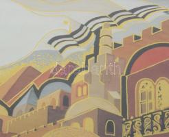 Bracha Brym Lavee (1948): Jerusalem, városrészlet. Aranyszín nyomat. Jelzett. Dekoratív üvegezett ke...