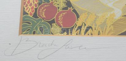 Bracha Brym Lavee (1948): Jerusalem, városrészlet. Aranyszín nyomat. Jelzett. Dekoratív üvegezett ke...