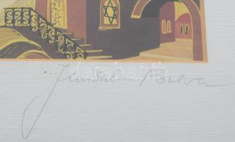 Bracha Brym Lavee (1948): Jerusalem, városrészlet. Aranyszín nyomat. Jelzett. Dekoratív üvegezett ke...