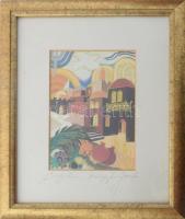 Bracha Brym Lavee (1948): Jerusalem, városrészlet. Aranyszín nyomat. Jelzett. Dekoratív üvegezett ke...