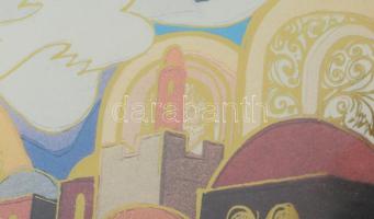 Bracha Brym Lavee (1948): Jerusalem, városrészlet. Aranyszín nyomat. Jelzett. Dekoratív üvegezett ke...