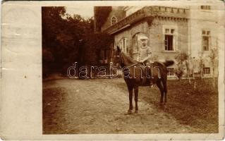 1914 Calinesti, Kalinestie (Bukovina, Bucovina, Bukowina); Kalinestie-Marin / castle of Gusztáv Marin, horse-riding boy (son of Gusztáv), with the letter of the owner sent to Ernestine Hölbling (1856-1940), wife of László Mokossiny von Taubenberg. photo (EB)