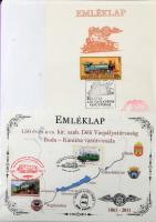 80 db magyar és egykori vasútvonali és kisvasútvonali, HÉV vonali, városi villamosok emléklapjai, po...