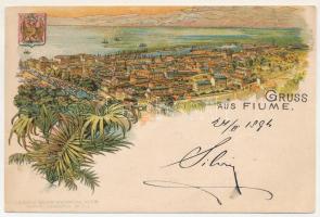 1894 Fiume, Rijeka; látkép. Címeres litho / general view. Lesk u. Schwidernoch Wien No. 261. Art Nouveau, floral, litho with coat of arms - korai képeslap! / early postcard! (r)