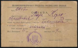 1919 Nagybecskerek, rendőrsági dokumentum