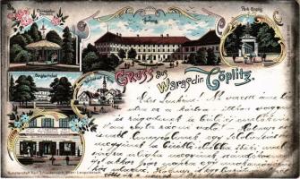 1899 Varasdfürdő, Warasdin-Töplitz, Varazdinske Toplice; Chinesischer Pavillon, Constantinbad, Volksbad und Kirche, Kurhaus, Park-Eingang / Kínai pavilon, gyógyfürdők, park bejárata, J. Rosenberg üzlete / Chinese pavilion, spa, bathhouses, park entrance, shop of Rosenberg. Kunstanstalt Karl Schwidernoch Art Nouveau, floral, litho (vágott / cut)