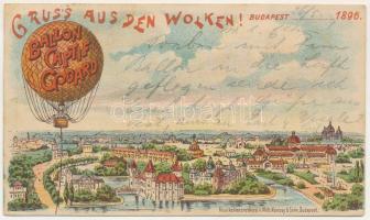 1896 Budapest XIV. Gruss aus den Wolken - Üdvözlet a Fellegekből! Városliget, Godard kapitány hőlégballonja (Ballon Captif Godard); Musikaliendruckerei v. Wilh. Kunosy &amp; Sohn -Kunosy Vilmos és Fia zeneműnyomdájából. Art Nouveau, litho - korai képeslap! / early postcard! (EK)