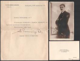 1934 Tuschter Béla m. kir. folyamőr főhajónagy okl. hajóskapitány névjegykártyája + egy őt ábrázoló fotó, 13×9 cm + Kökényessy Szilárdnak szóló 3 db dokumentum