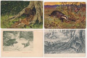 VADÁSZAT - 16 db RÉGI művészlap / HUNTING - 16 pre-1945 art postcards