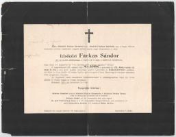 1910 Bp., felsőeőri Farkas Sándor (1841-1910) nyug. cs. és kir. altábornagy, a Lipót-rend lovagja halotti értesítője, lapszéli sérülésekkel, 24x31 cm