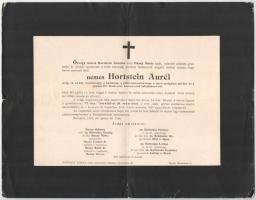 1905 Bp., nemes Hortstein Aurél nyug. cs. és kir. vezérőrnagy halotti értesítője, kisebb lapszéli sérülésekkel, 24x31 cm