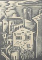 Molnár C Pál: Olasz város. linómetszet. utólagos jelzéssel. 28x20 cm Üvegezett keretben