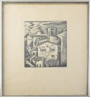 Molnár C Pál: Olasz város. linómetszet. utólagos jelzéssel. 28x20 cm Üvegezett keretben