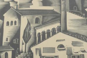 Molnár C Pál: Olasz város. linómetszet. utólagos jelzéssel. 28x20 cm Üvegezett keretben