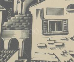 Molnár C Pál: Olasz város. linómetszet. utólagos jelzéssel. 28x20 cm Üvegezett keretben