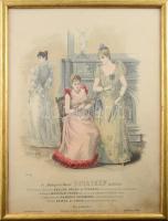 ca 1880 Budapesti Bazár: divatkép. Szenezett rotációs fametszet, üvegezett keretben 35x25 cm