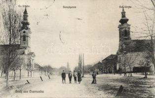 Cservenka main street with Evangelist and Calvinist church