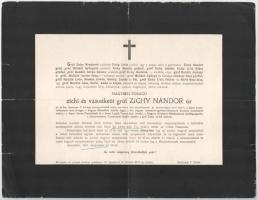 1911 Adony, zichi és vásonkeői gróf Zichy Nándor (1829-1911) cs. és kir. kamarás halotti, valóságos belső titkos tanácsos, kir. tárnokmester, az Aranygyapjas rend vitéze halotti értesítője, kisebb lapszéli sérülésekkel, 24x31 cm