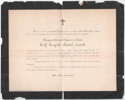 1885 ghymesi és gácsi gróf Forgách Antal (1819-1885) cs. és kir. kamarás, udvari főkancellár, a Lipót-rend, a Szent István-rend és a portugál Krisztus-rend lovagja halotti értesítője, lapszéli sérülésekkel, 24x30 cm