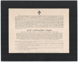 1912 Bécs, gróf Aehrenthal Alajos (Lexa-Aehrenthal Alajos) (1819-1885) titkos tanácsos, osztrák-magyar külügyminiszter halotti értesítője, 23x29 cm