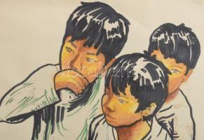 Tavaszy Noémi (1927-2018): Vietnámi gyerekek 1989. Filc, papír. Jelzett. 38x25 cm