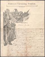 cca 1900-1910 Az aradi Rákóczi Társaság fejléces levélpapírjára írt levél, két beírt oldal, Schwartz Pál aláírással, kisebb lapszéli szakadásokkal, foltokkal