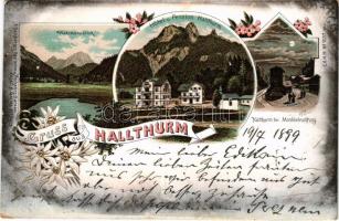 1899 Hallthurm bei Reichenhall, Watzmannblick, Hotel und Pension, bei Mondbeleuchtung. Josef A. Gallas / view, hotel, at night in moonlight. Art Nouveau, floral, litho (EK)