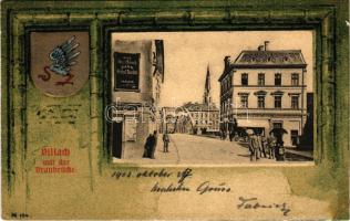 1902 Villach, mit der Draubrücke / Drava bridge, bank, shops. Art Nouveau litho frame with coat of arms (r)